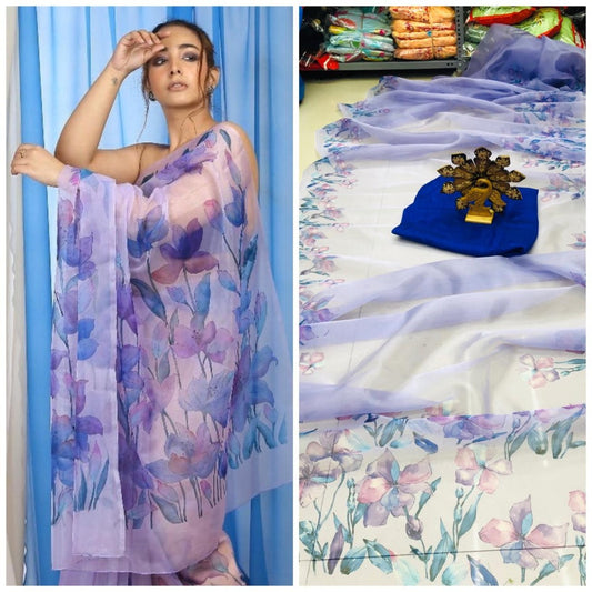Purple floral printed organza saree