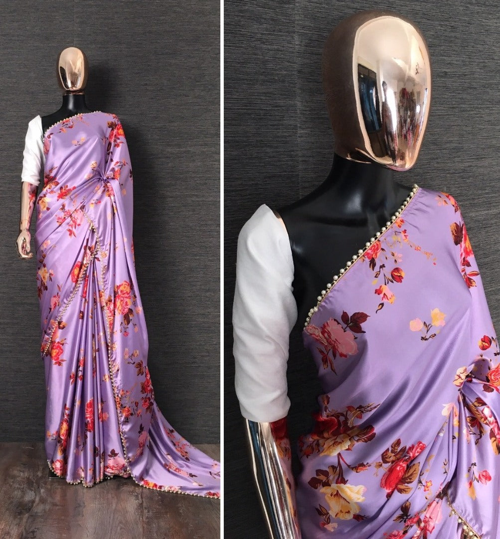 Purple floral printed pearl lace border saree