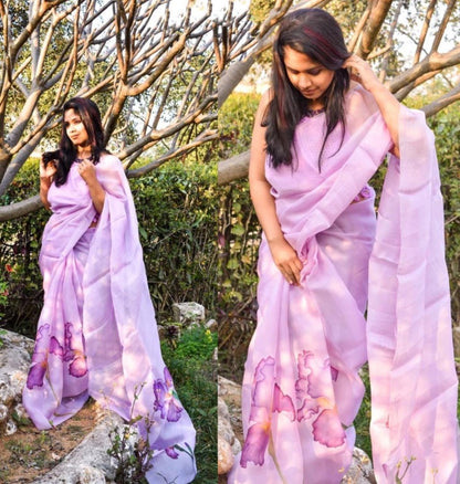 Purple flower printed organza saree