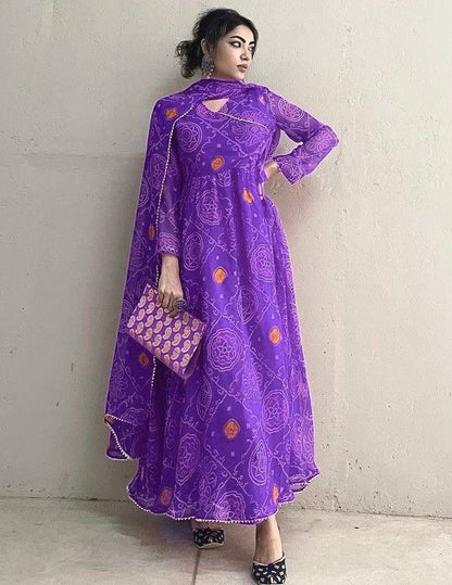 Purple georgette bandhni printed anarkali suit
