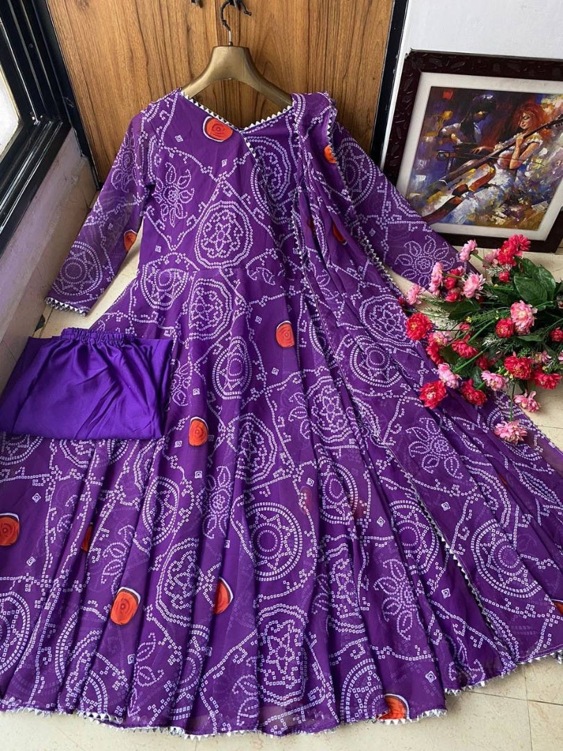 Purple georgette bandhni printed anarkali suit