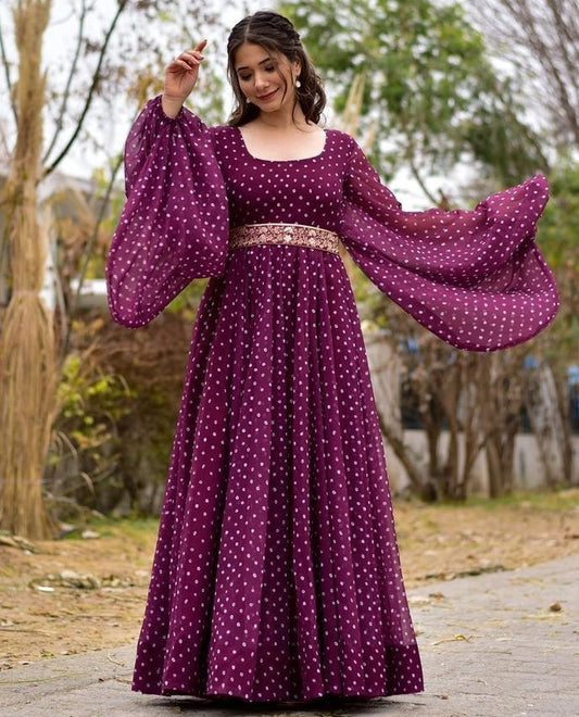 Purple georgette dot printed gown