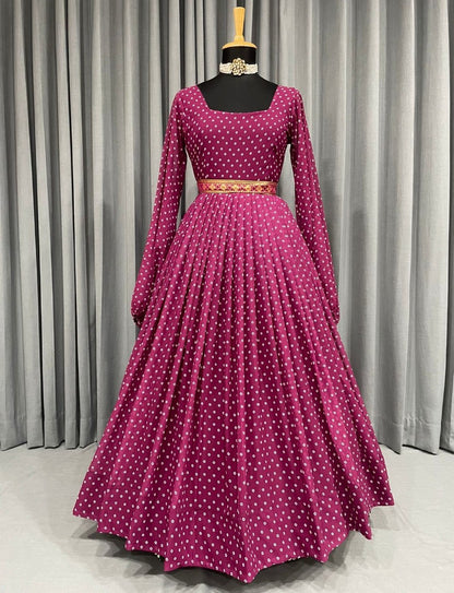 Purple georgette dot printed gown