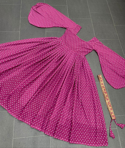 Purple georgette dot printed gown