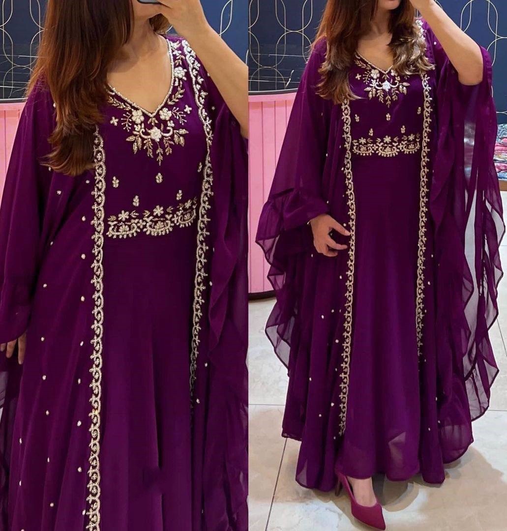 Purple georgette embroidered indowestern gown