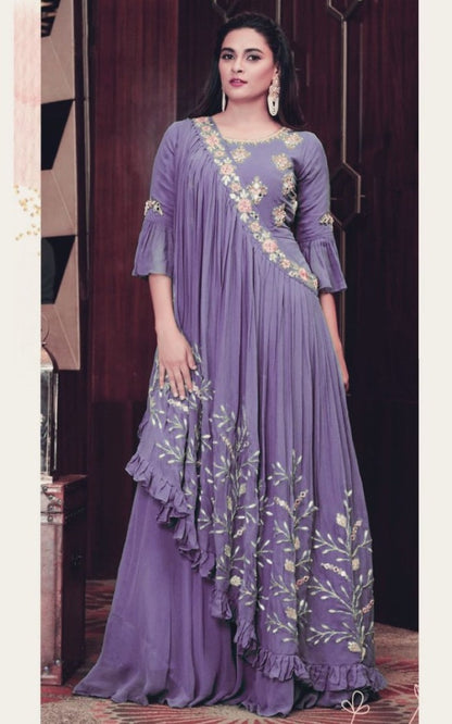 Purple georgette embroidered indowestern gown