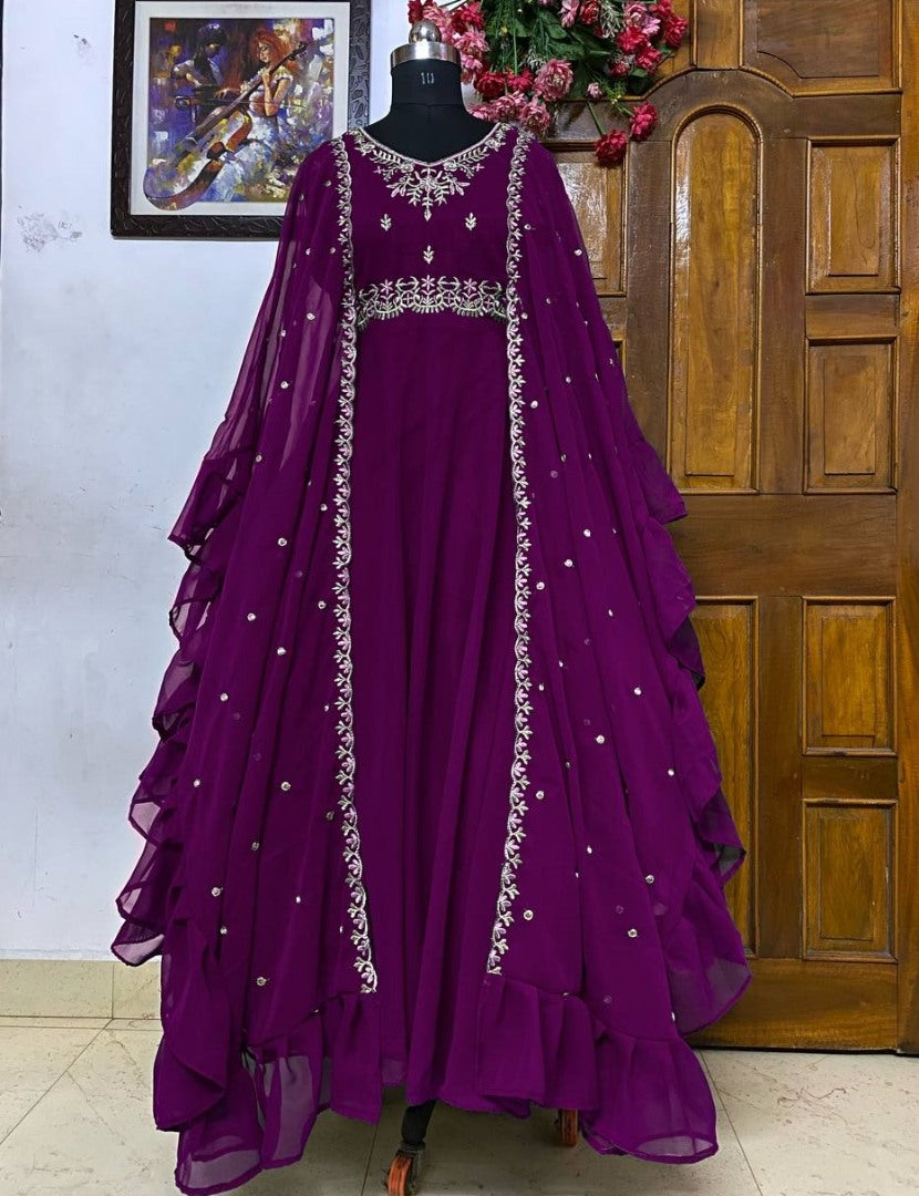 Purple georgette embroidered indowestern gown