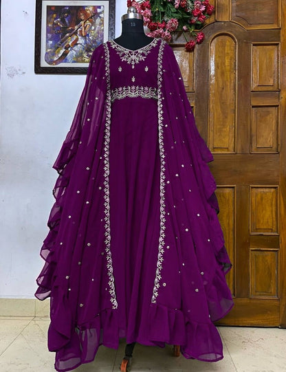 Purple georgette embroidered indowestern gown