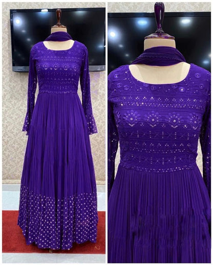 Purple georgette embroidered ruffle layer gown