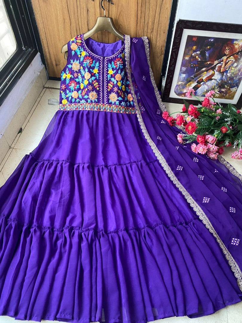Purple georgette embroidered ruffle layer gown