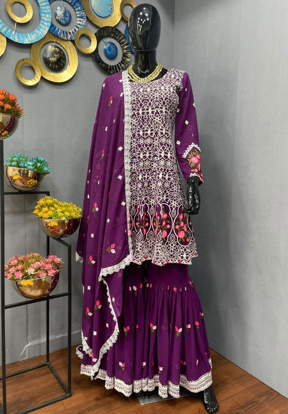 Purple georgette embroidered sharara salwar suit