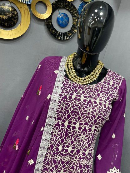 Purple georgette embroidered sharara salwar suit