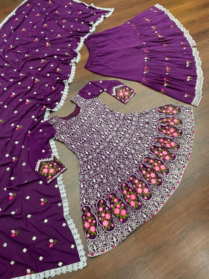 Purple georgette embroidered sharara salwar suit