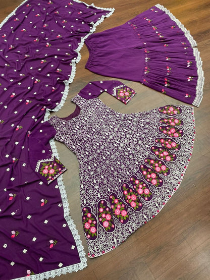 Purple georgette embroidered sharara salwar suit