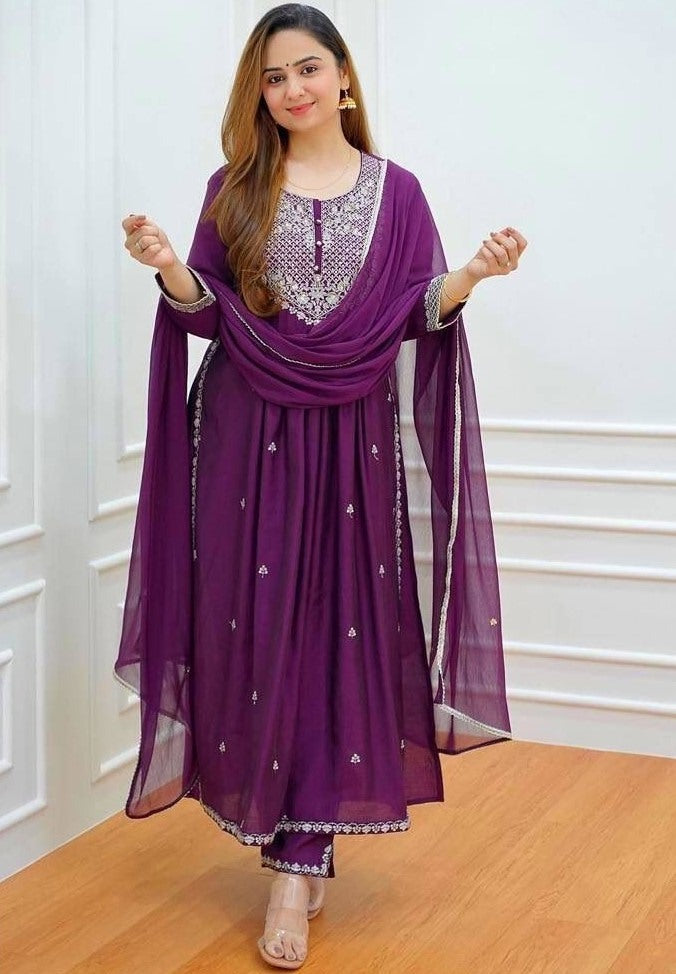 Purple georgette embroidery work naira cut palazzo suit
