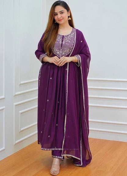 Purple georgette embroidery work naira cut palazzo suit