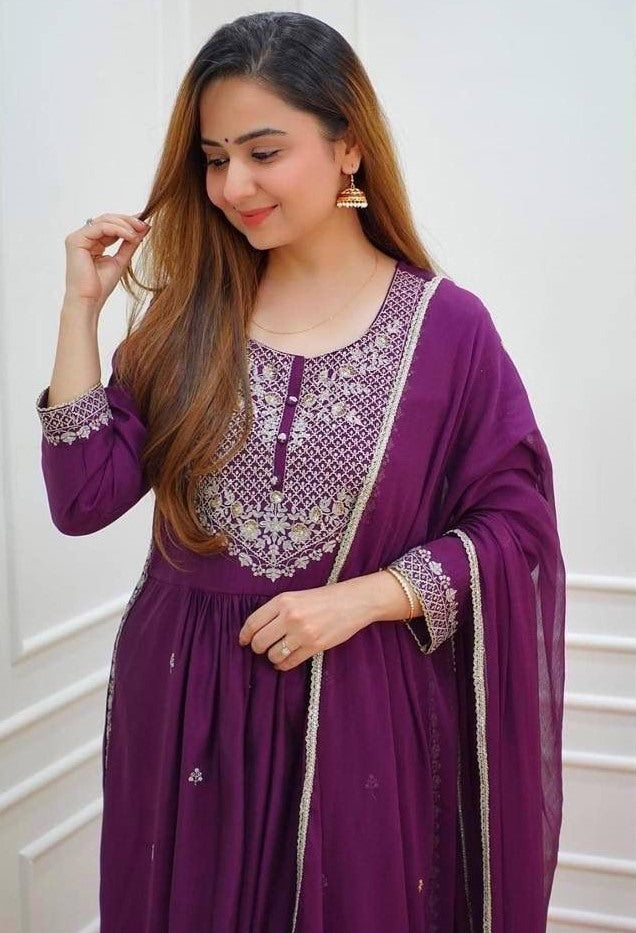 Purple georgette embroidery work naira cut palazzo suit