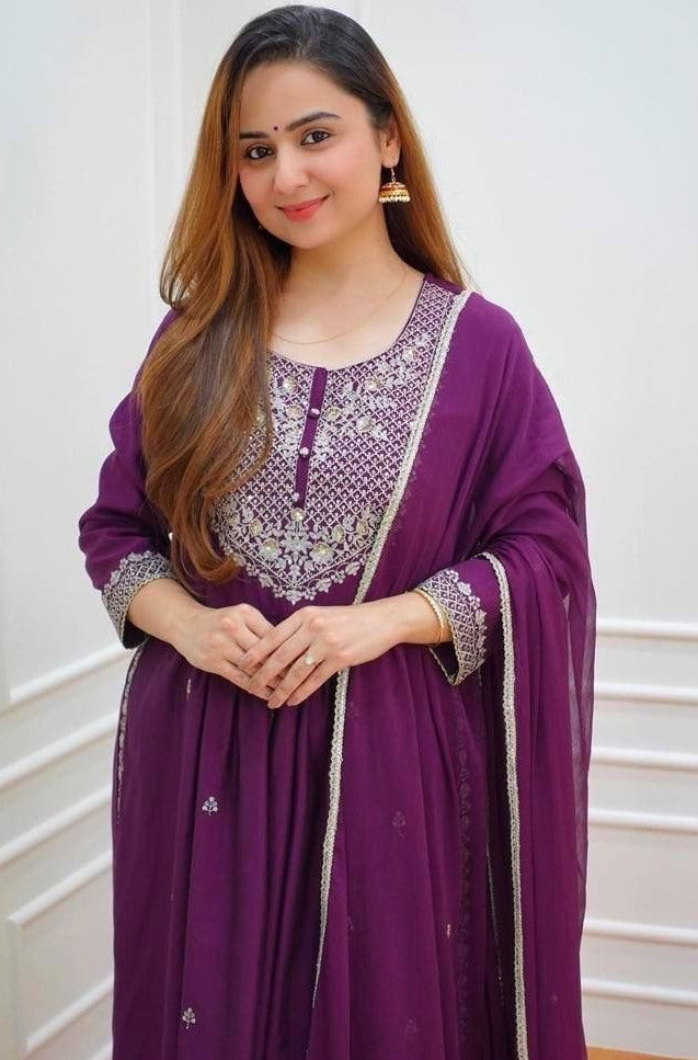 Purple georgette embroidery work naira cut palazzo suit