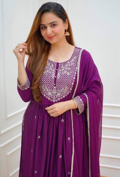 Purple georgette embroidery work naira cut palazzo suit