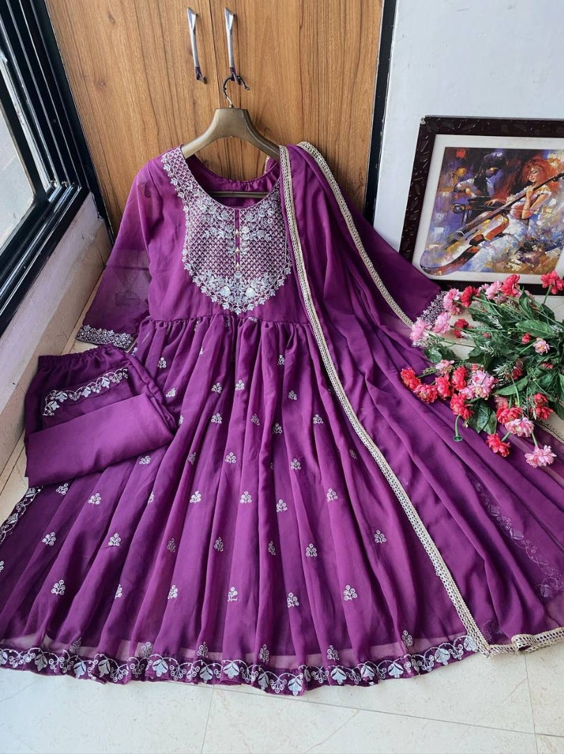 Purple georgette embroidery work naira cut palazzo suit