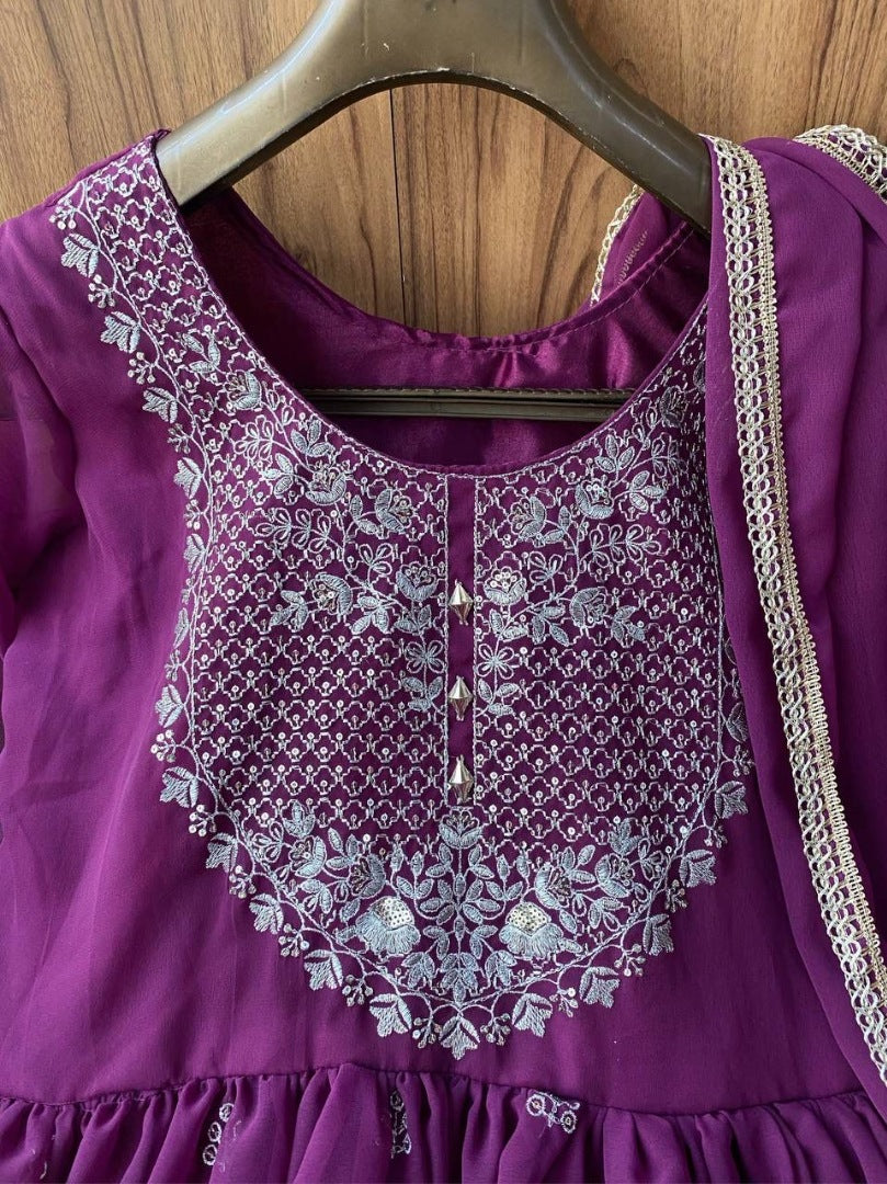 Purple georgette embroidery work naira cut palazzo suit