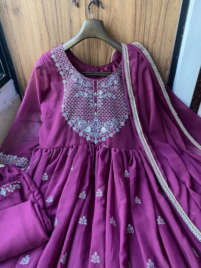 Purple georgette embroidery work naira cut palazzo suit