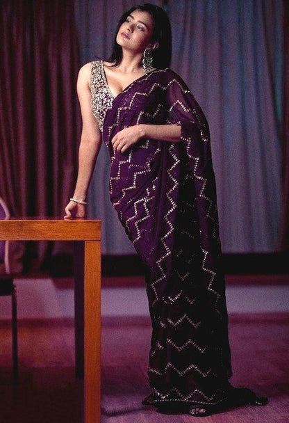 Purple georgette embroidery worked designer saree