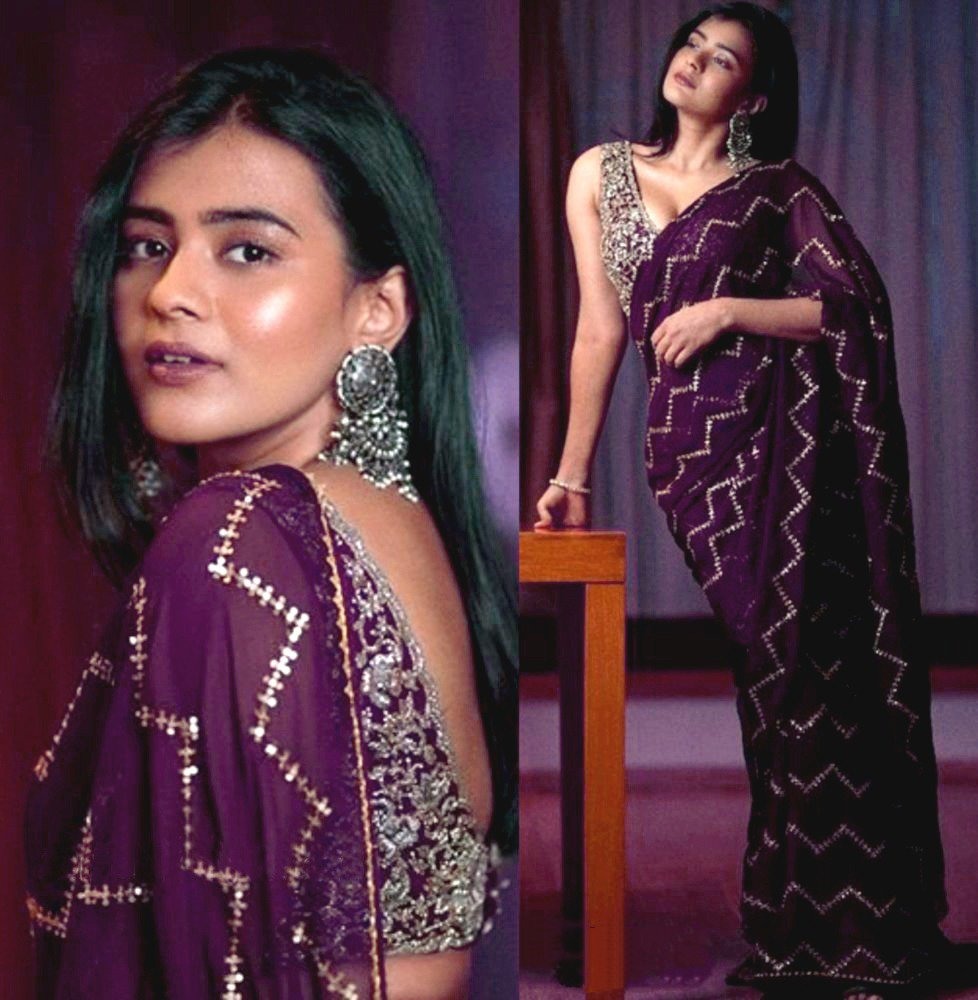 Purple georgette embroidery worked designer saree