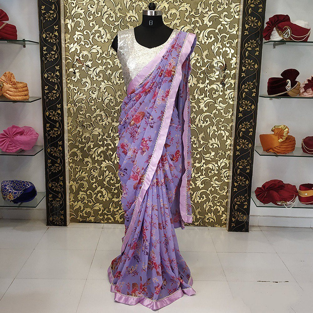purple georgette floral digital printed saree