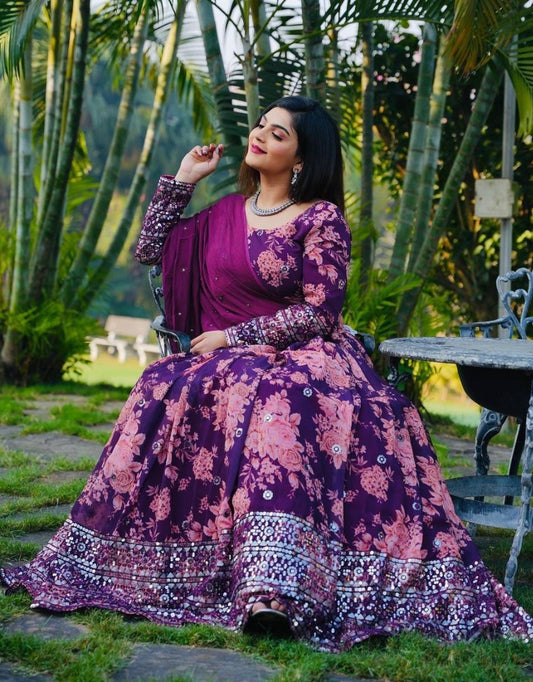 Purple georgette floral printed heavy embroidery work brides maid lehenga choli