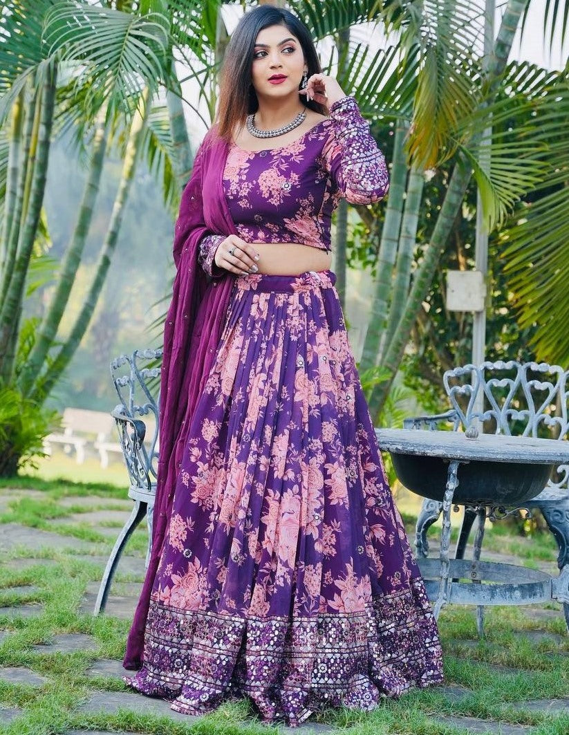 Purple georgette floral printed heavy embroidery work brides maid lehenga choli