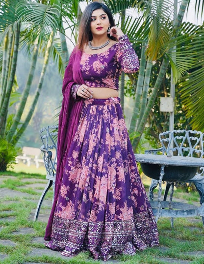 Purple georgette floral printed heavy embroidery work brides maid lehenga choli