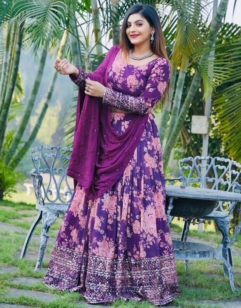 Purple georgette floral printed heavy embroidery work brides maid lehenga choli