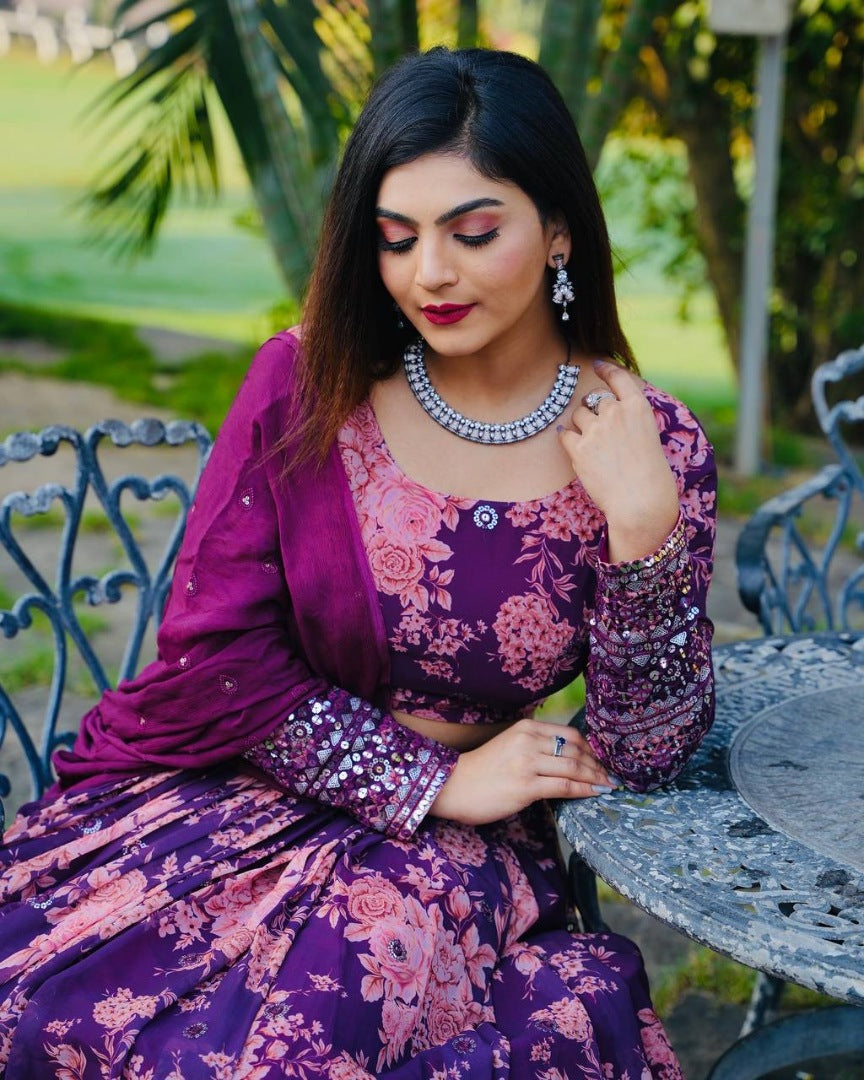 Purple georgette floral printed heavy embroidery work brides maid lehenga choli