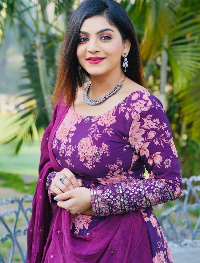 Purple georgette floral printed heavy embroidery work brides maid lehenga choli