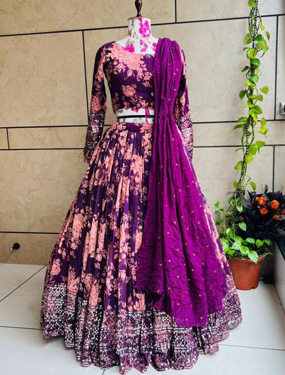 Purple georgette floral printed heavy embroidery work brides maid lehenga choli