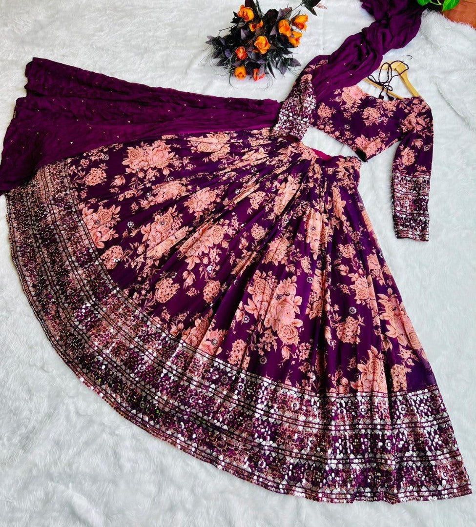 Purple georgette floral printed heavy embroidery work brides maid lehenga choli