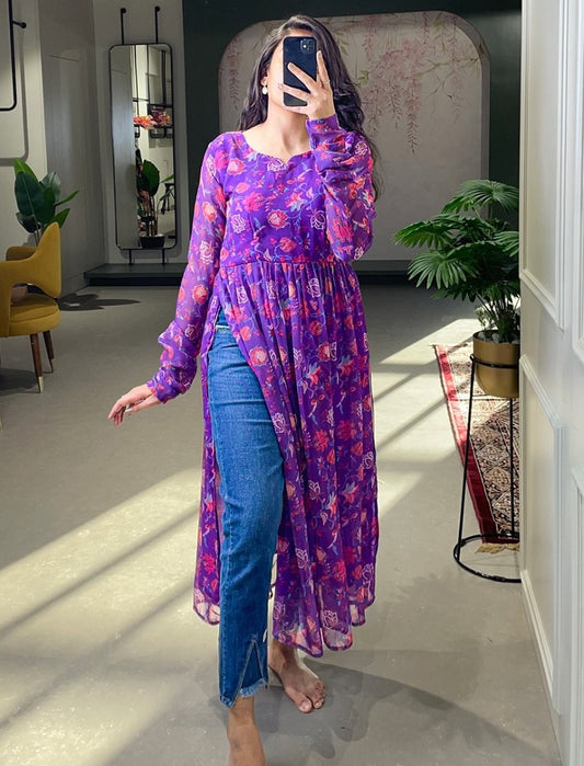Purple georgette floral printed kurti