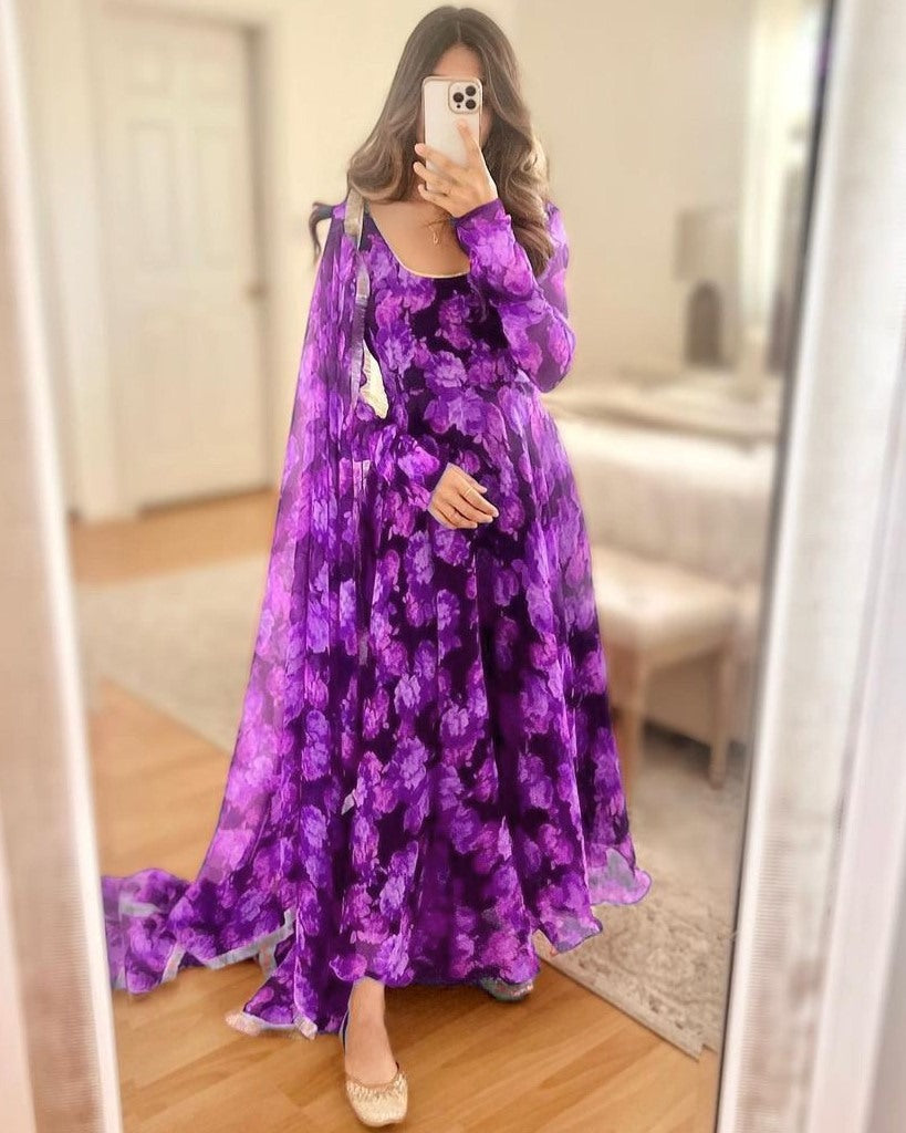 Purple georgette floral printed long anarkali suit