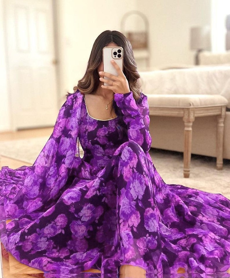 Purple georgette floral printed long anarkali suit