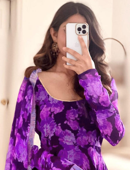 Purple georgette floral printed long anarkali suit