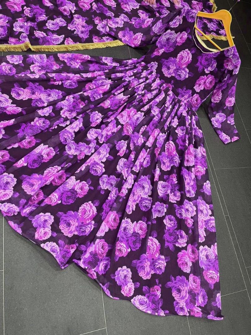Purple georgette floral printed long anarkali suit