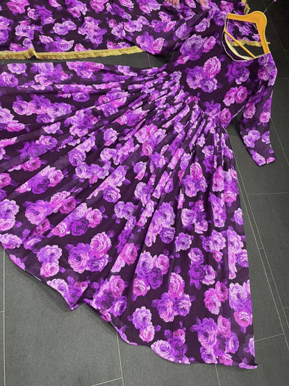 Purple georgette floral printed long anarkali suit