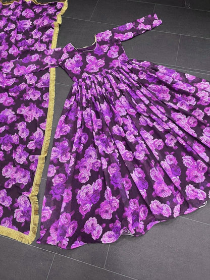 Purple georgette floral printed long anarkali suit