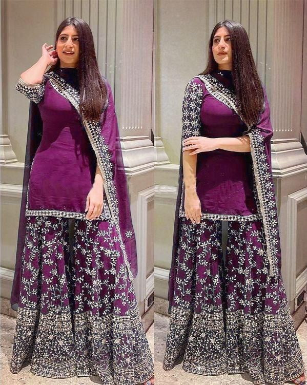 Purple georgette heavy embroidered plazzo suit
