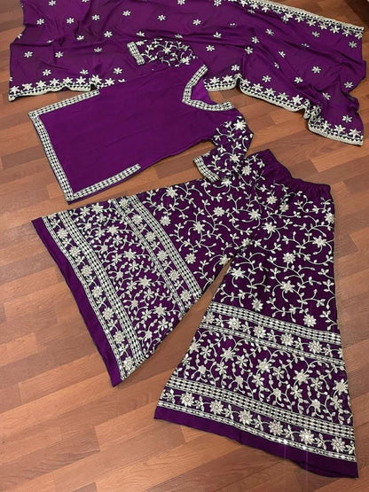 Purple georgette heavy embroidered plazzo suit