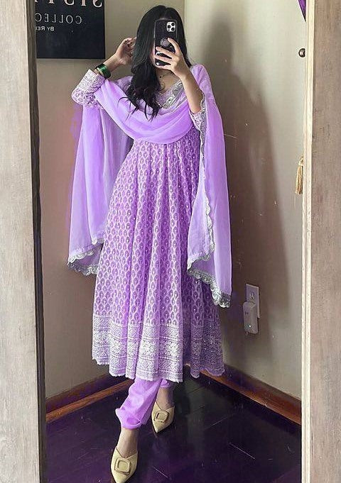 Purple georgette heavy embroidered wedding anarkali suit