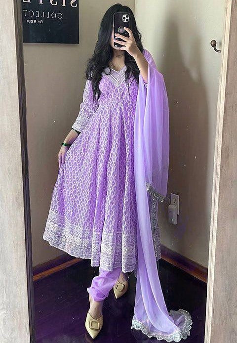 Purple georgette heavy embroidered wedding anarkali suit