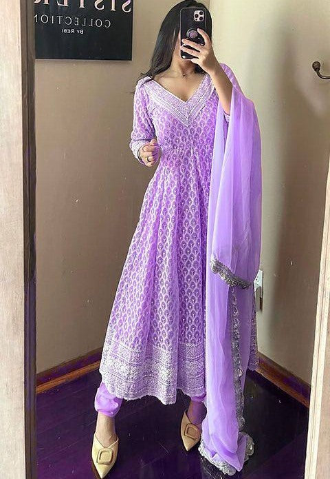 Purple georgette heavy embroidered wedding anarkali suit