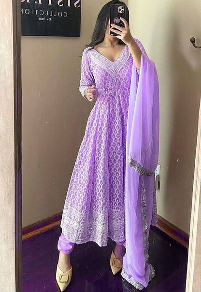 Purple georgette heavy embroidered wedding anarkali suit